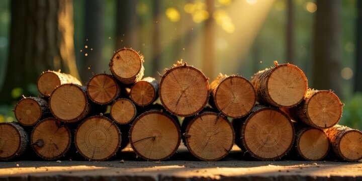 Golden Hour Lumber Pile in a Forest Setting