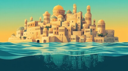 Naklejka premium Coastal City Island With Domes and Towers