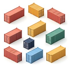 Isometric 3D Arrangement of Colorful Shipping Containers on White Background