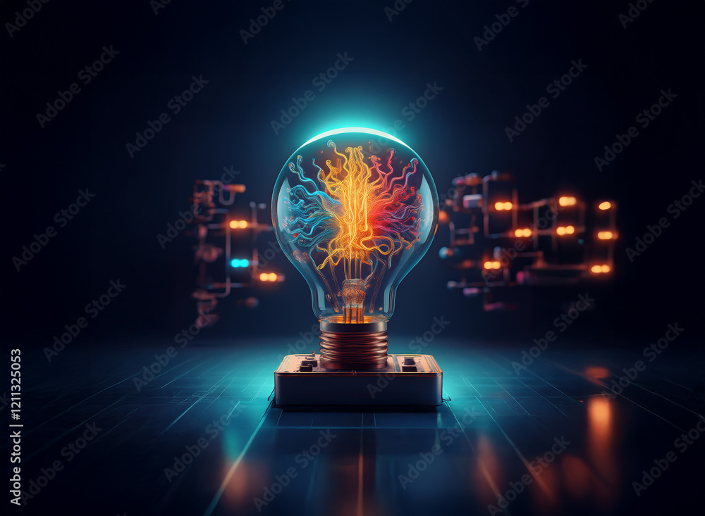 Poster a glowing lightbulb reveals an intricate network of vibrant circuitry within, symbolizing the innova
