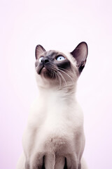 Beautiful Siamese cat with bright blue eyes on a white background.