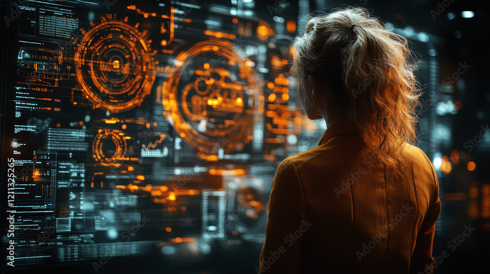 Poster woman analyzing glowing futuristic data interfaces in a high-tech environment