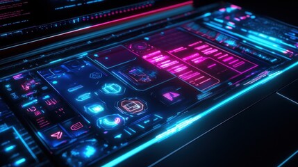 Fototapeta premium Neon Futuristic Laptop Interface: A Cyberpunk Digital Display