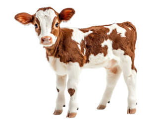 Young brown and white calf standing isolated on transparent background