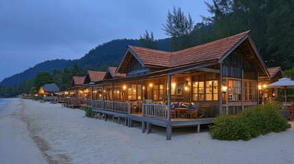 Naklejka premium Beachfront Bungalows at Dusk: Tranquil Island Getaway