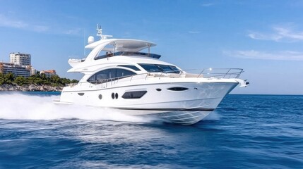 Luxury yacht cruising Adriatic Sea, coastal city background; travel brochure
