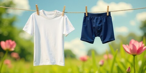 Freshly laundered white t-shirt and dark blue undergarments drying gently on a clothesline, in a vibrant springtime meadow