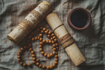 A creative flat lay of Vedic scrolls, a rudraksha mala, and a traditional ink pot on an ancient cloth