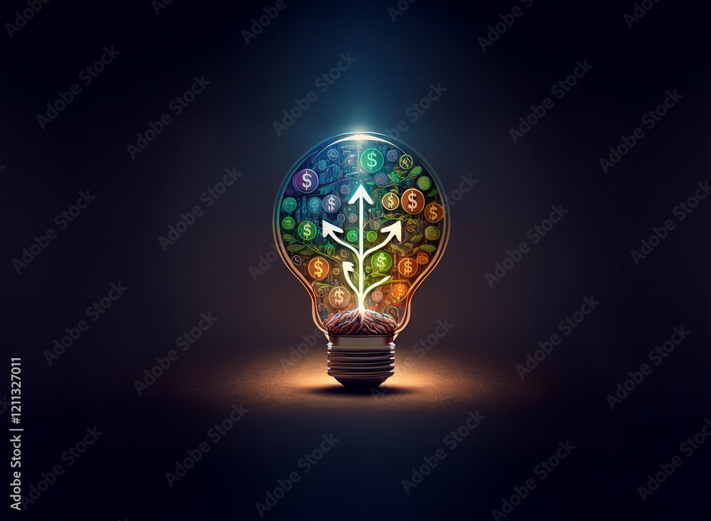 Poster a glowing lightbulb filled with colorful currency symbols and upward-pointing arrows symbolizes inno