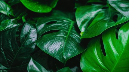 Lush Green Monstera Leaves  Tropical Foliage  Exotic Plant  Nature Background