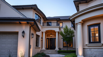 Obraz premium Luxury Home Exterior: Modern Architectural Design, Elegant Facade, Grand Entrance, and Night View