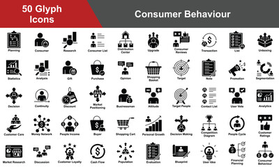 Consumer Behavior Icon Set Collection. Containing Planning, Consumer, Research, Upgrade, Consumer Reviews, Transaction, List, Attitude, Statistics, Analysis, Gift. Simple Glyph Vector Illustration.