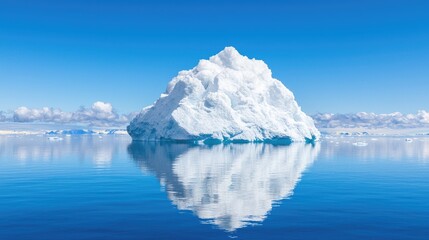 Majestic iceberg floats in arctic ocean, reflecting in calm waters under a clear blue sky.  Use travel brochure