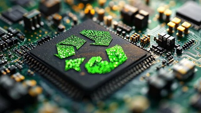 Green Tech Recycling: A close-up shot reveals a microchip with a vibrant green recycling symbol etched onto its surface, highlighting the concept of sustainable electronics and responsible disposal.