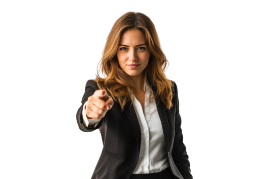 Businesswoman pointing at the camera isolated on white or transparent, PNG