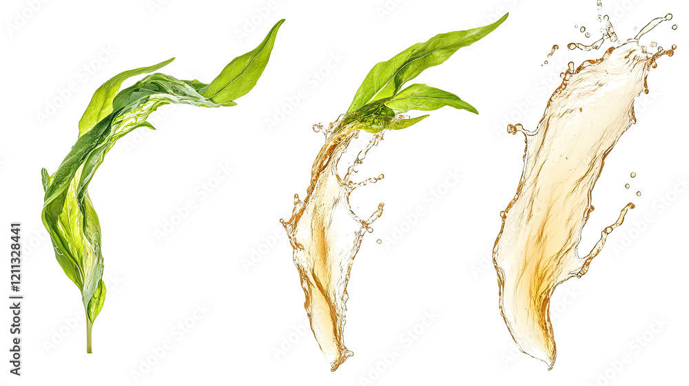 Poster cola splashes with green leaves in transparent setting generative ai