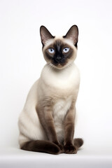 Beautiful Siamese cat with bright blue eyes on a white background.