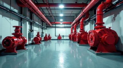 A Modern Industrial Facility's Interior Showing Rows of Bright Red Fire Suppression Pumps and Extensive Piping Systems