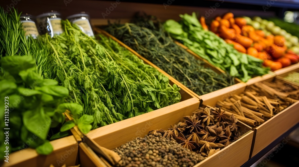 Poster closeup view of an array of fresh herbs and spices beautifully displayed in the produce section of a