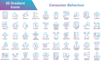 Consumer Behavior Icon Set Collection. Containing Planning, Consumer, Research, Upgrade, Consumer Reviews, Transaction, List, Attitude, Statistics, Analysis, Gift. Simple Gradient Vector Illustration.