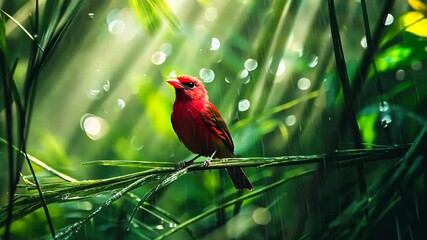 Vibrant red bird perched on green foliage in a sunlit tropical forest after rain