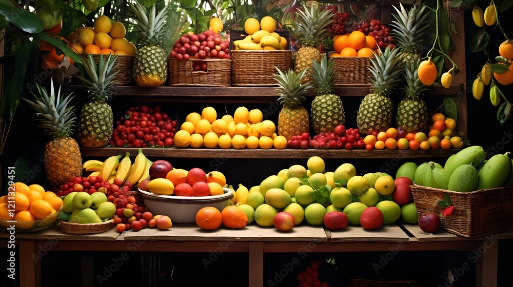 Poster lush and colorful assortment of fresh oranges apples and bananas neatly displayed on shelves in a fr