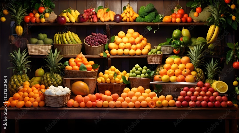 Poster neatly arranged vibrant fruit section featuring oranges apples and bananas on display in a grocery s
