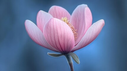 Fototapeta premium A Delicate Pink Magnolia Blossom Against a Soft Blue Background