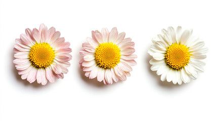 Three daisies isolated on a white background, top view. Chamomile flower collection set. Stock photo contest winner, best quality, high resolution, high detail, sharp focus.