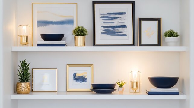 Stylish shelves with decor and plants.