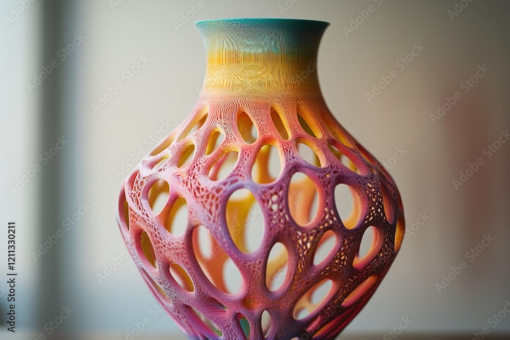 Poster a creative image of a colorful vase being 3d-printed, with intricate patterns emerging layer by laye