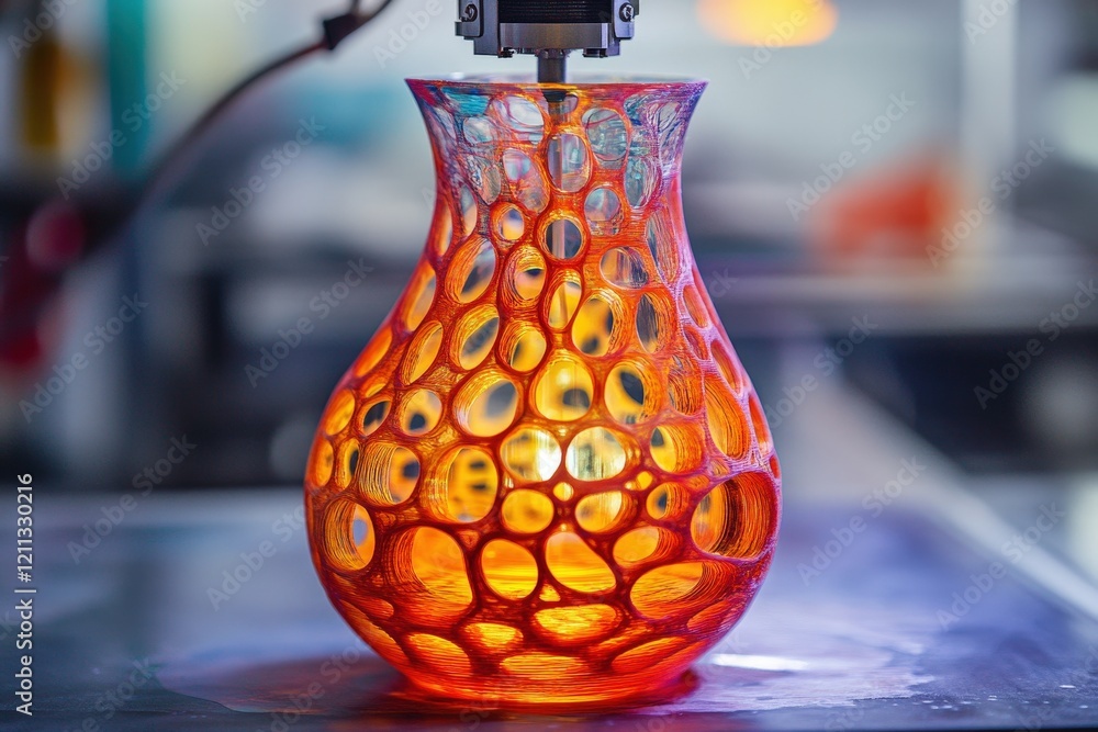Poster a creative image of a colorful vase being 3d-printed, with intricate patterns emerging layer by laye