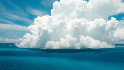 tropical beach with turquoise water and white clouds in the blue sky