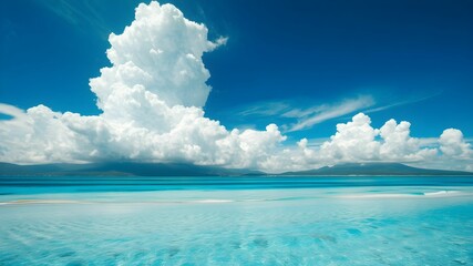 tropical beach with turquoise water and white clouds in the blue sky