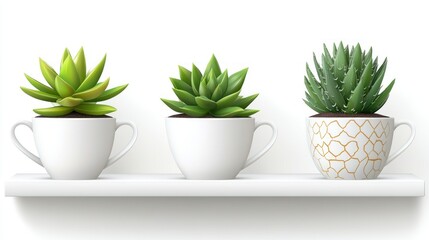 Three Succulents in White Cups on a Shelf: A Minimalist Home Decor Still Life