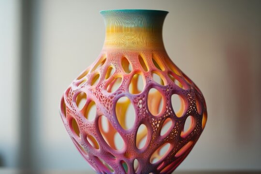 A creative image of a colorful vase being 3D-printed, with intricate patterns emerging layer by layer