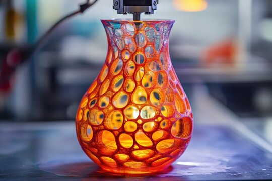 A creative image of a colorful vase being 3D-printed, with intricate patterns emerging layer by layer