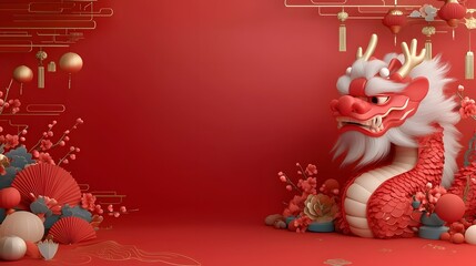 Majestic Chinese dragon head with fluffy fur vibrant tones and intricate details placed against a dynamic background of traditional oriental patterns and red gold hues