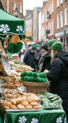St. Patrick's day market stall with festive green decorations and delicious pastries