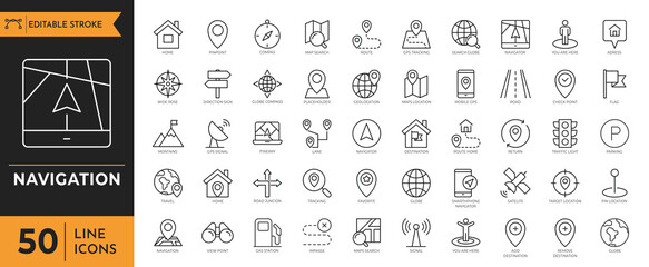 Navigation icon set. Containing address, map, map pin, gps, destination, directions, distance, pace, navigation and more. Vector illustration