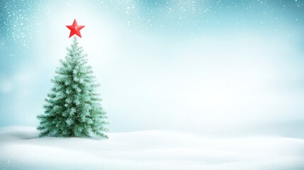 Festive Christmas Tree with Red Star on Snowy White Ground