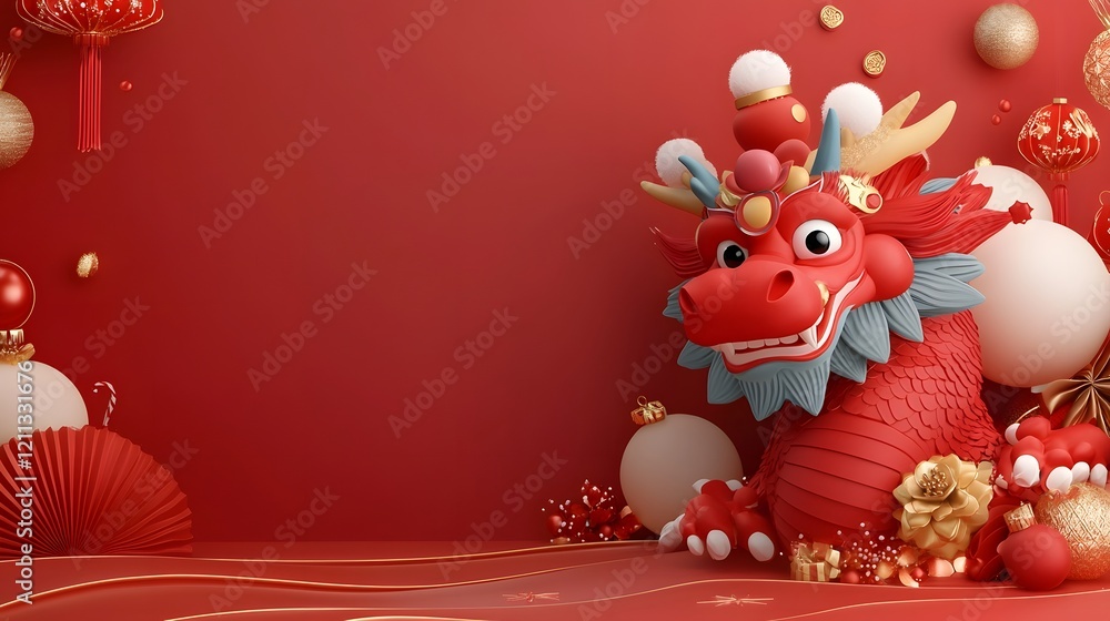 Aufkleber Intricately detailed 3D dragon head in bold colors with festive oriental motifs and glowing light trails set against a warm red gradient background creating a striking and mythical visual design