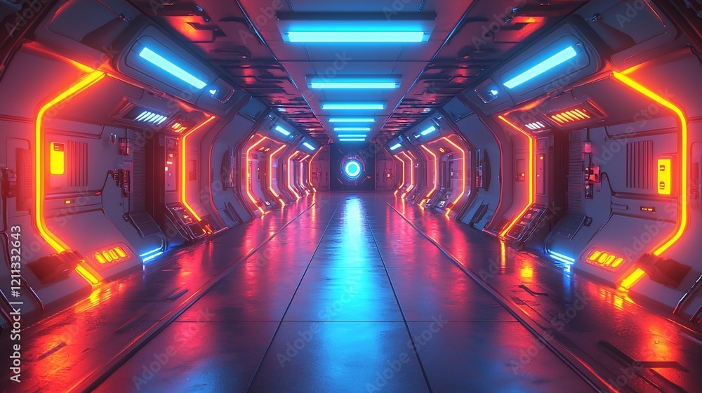 Poster futuristic spaceship corridor with neon lights.
