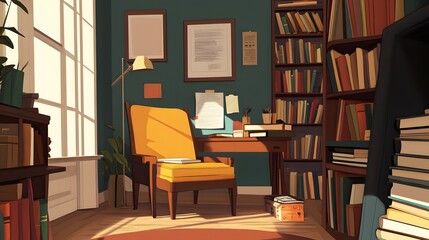 A cozy corner of a home office with a comfy chair, a small desk, and a stack of books