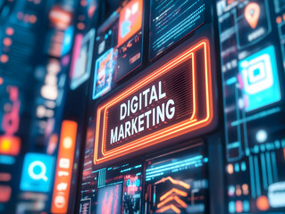 A vibrant digital display showcasing the term "DIGITAL MARKETING," surrounded by colorful icons and elements representing online strategies.