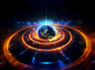 A glowing Earth, encircled by vibrant energy rings, pulses with light and power in a cosmic display.  The scene evokes feelings of technological advancement and global connectivity.
