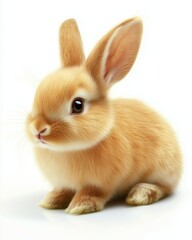 Fototapeta premium A cute brown rabbit sitting on the ground, against a white background.