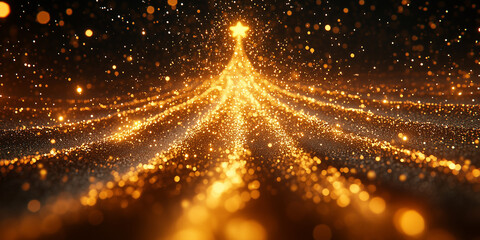 A Christmas tree made of golden, glowing particles against a dark background. A Christmas and New Year's concept. A glittering light effect, with bokeh, sparkles, and shimmering dust flowing through t