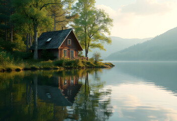 Fototapeta premium Tranquility on Water: A House by the Lake
