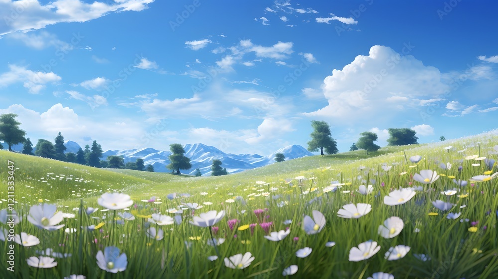 Poster a serene and tranquil meadow filled with a lush array of colorful wildflowers under a clear azure sk